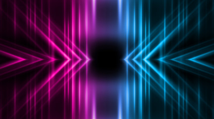 Dark abstract futuristic background. Neon lines, glow. Neon lines, shapes. Pink and blue glow