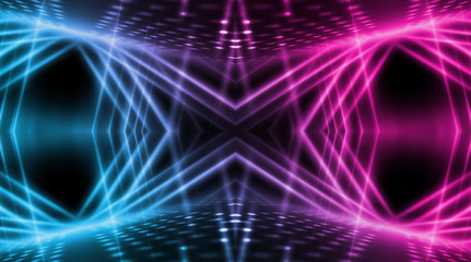 Dark abstract futuristic background. Neon lines, glow. Neon lines, shapes. Pink and blue glow