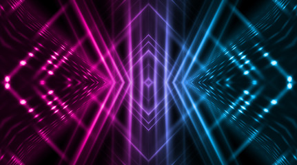 Dark abstract futuristic background. Neon lines, glow. Neon lines, shapes. Pink and blue glow