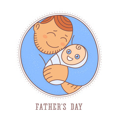 Father's Day. Cute happy dad hugs his smiling baby. Vector image. Round sticker. Cartoon tag, icon, web banner. Simple hand drawn symbol of family love and parenthood. Blue, pink and orange colors