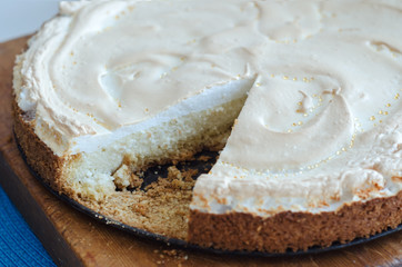 Delicious pie with a cut piece. Food.
