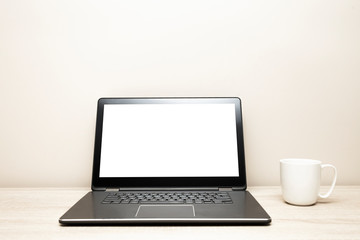 Laptop with blank screen on desk, home office background, screen replacement, working from home, wooden table background
