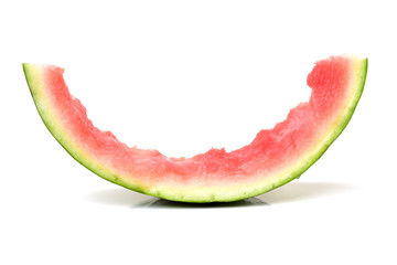Watermelon slice eaten, isolated over white background