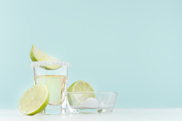 Tropical alcohol shot drink  - tequila with salty rim, slices lime on elegant green color...