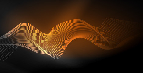 Glowing abstract wave on dark, shiny motion, magic space light. Techno abstract background