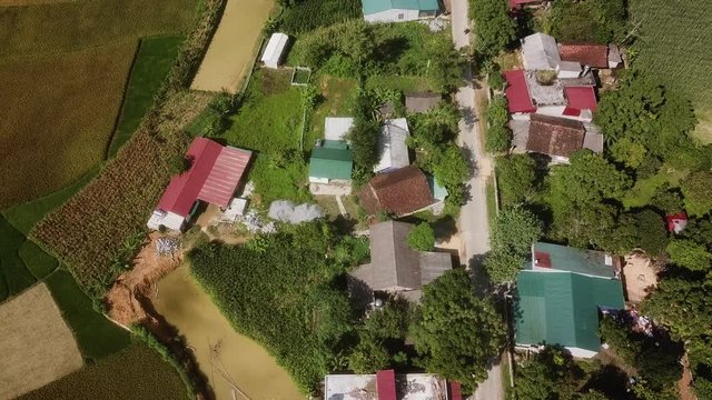 Aerial over rooftops in the Đồng Văn District