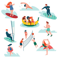 People Relaxing at Summer Vacation Set, Young Man and Woman Surfing, Swimming, Sailing, Doing Sports, Summer Outdoors Activities Vector Illustration