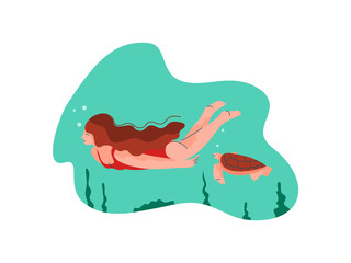 Girl Swimming and Diving in the Sea, Summer Outdoors Activities Vector Illustration