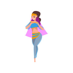 Smiling Beautiful Eastern Girl Dancing Belly Dance, Oriental Indian or Arabic Dancer Character in Traditional Costume Vector Illustration