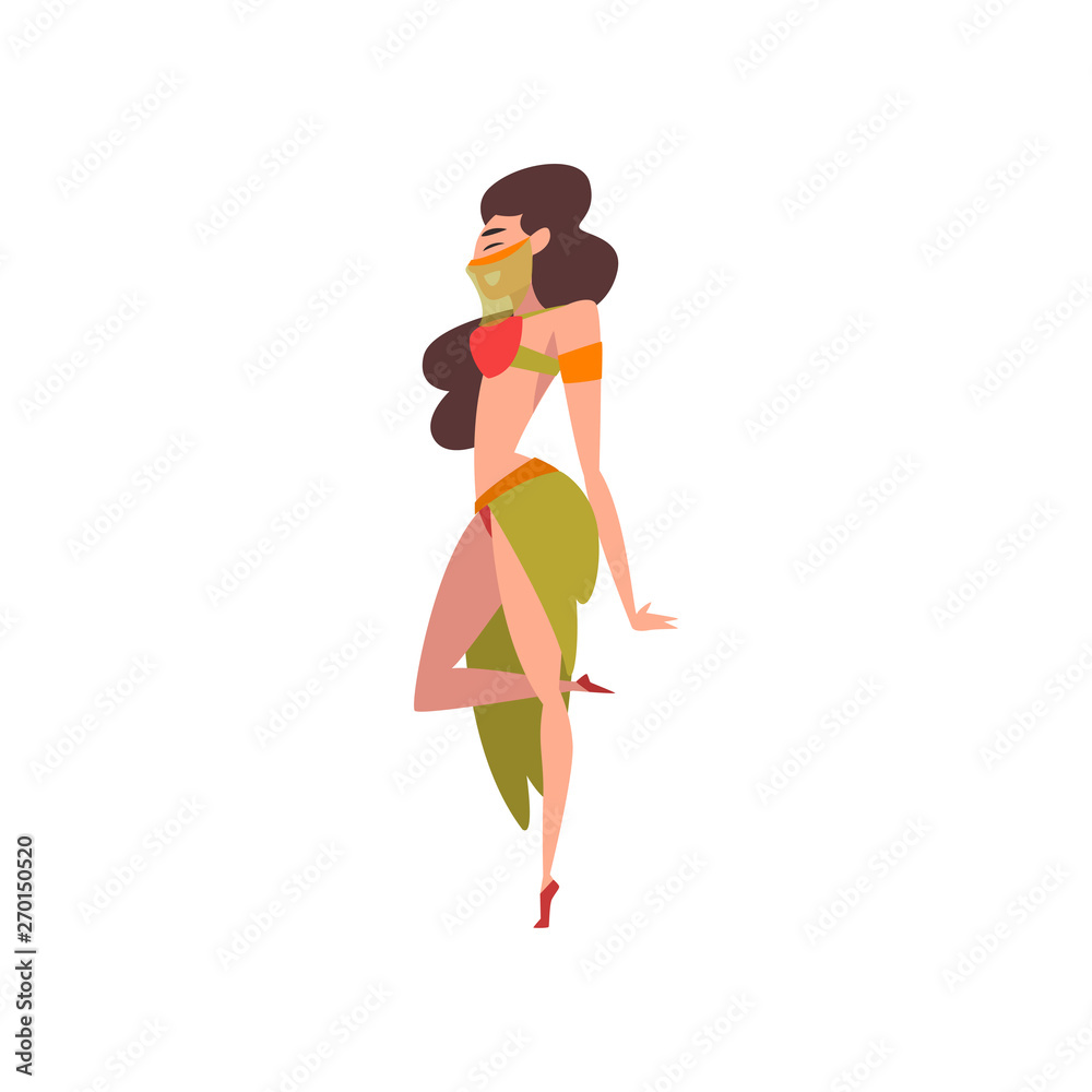 Wall mural Beautiful Brunette Girl Dancing Belly Dance, Indian or Arabic Dancer Character in Traditional Costume and Veil Vector Illustration