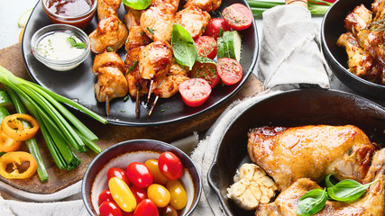 Grilled chicken meat meals on table