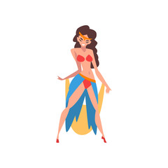 Brunette Girl Dancing Belly Dance, Beautiful Indian or Arabic Dancer Character in Traditional Costume Vector Illustration