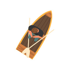 Man Sitting in Wooden Boat, Top View Vector Illustration