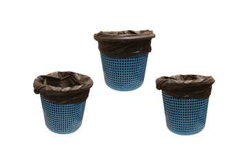 Garbage bin blue basket with empty black bag ,  isolated on white background with clipping path.
