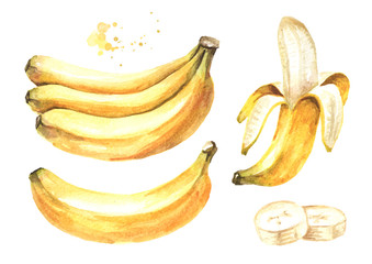 Fresh ripe yellow banana elements set. Watercolor hand drawn illustration, isolated on white background © dariaustiugova