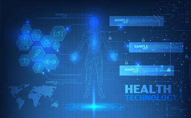 abstract technological health care; science blue print; scientific interface; futuristic backdrop; digital blueprint of human; 3D body part of human,icons health vector illustration.