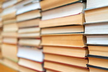 Rows of books in the library. Background for text. Symbol of knowledge and learning.