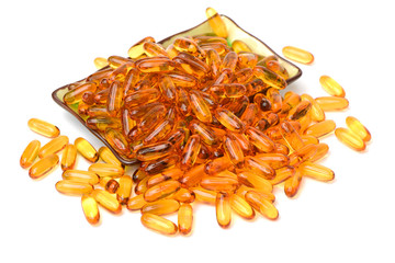 Vitamin Omega-3 fish oil capsules on white background 