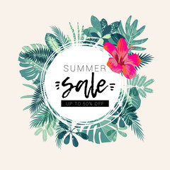 Summer Sale promotion. Tropical jungle design with a round frame