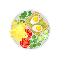Cheese, vegetables and egg sandwich on a plate. Vector illustration on white background.