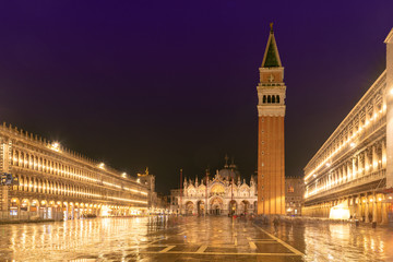 Venice at night, famous San Marco square at night in Venice, Italy, 