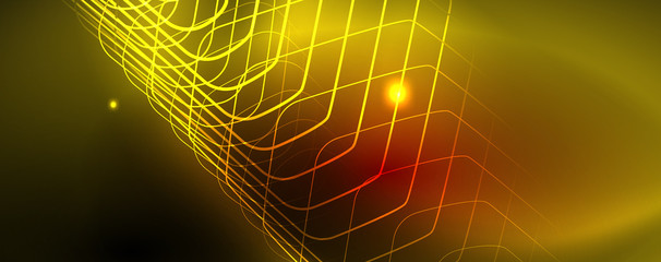 Neon glowing techno lines, hi-tech futuristic abstract background template, vector