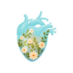 Stems with leaves and white flowers inside the heart. Vector illustration on white background.
