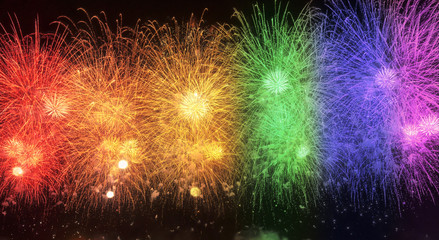 Colorful Holiday firework with copy space for New Year celebration, Abstract holiday background.	