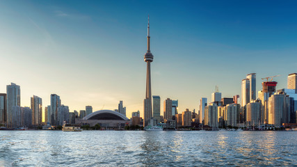 Toronto skyline and CN Tower at sunset - Toronto, Ontario, Canada. 