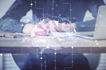 Brain multi exposure icon with man hands background.