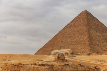 Egyptian Great Sphinx and pyramids of Giza in Cairo, Egypt