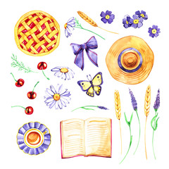 Watercolor summer illustration in flat lay style. Book, flowers, tea cup, cherry pie, hat, butterfly. View from above. Postcard, invitation.