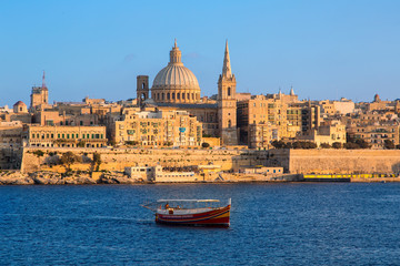 Obraz na płótnie Canvas Malta, Valletta, skyline with St. Paul's Anglican Cathedral and Carmelite Church from Sliema.