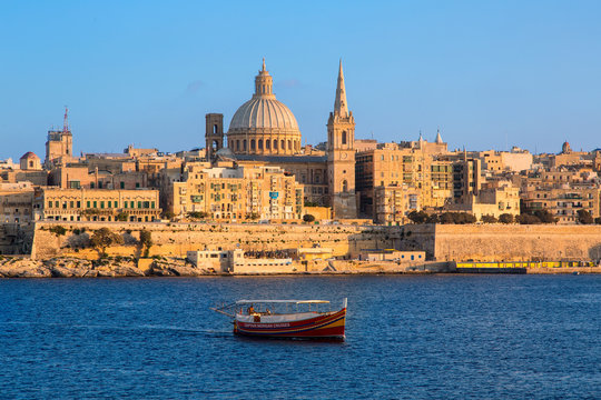 Malta, Valletta, skyline with St. Paul's Anglican Cathedral and Carmelite Church from Sliema.