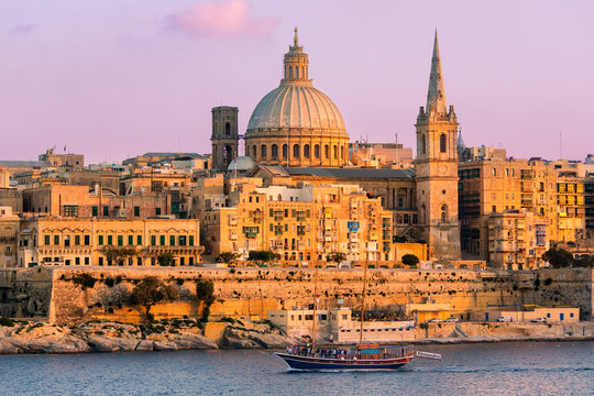 Malta, Valletta, skyline with St. Paul's Anglican Cathedral and Carmelite Church from Sliema.