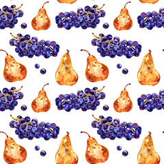 Seamless pattern with fruits. Grapes and pear. Watercolor illustration. Hand drawn