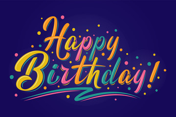 Happy Birthday sign. Vector multicolored logo. Hand drawn modern brush lettering on dark blue background. For holiday design, postcard, party invitation, banner, poster. Greeting label template