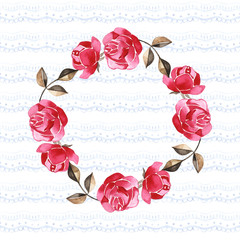 Watercolor wreath with roses. Hand painted floral round frame isolated on white background.