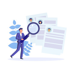 HR manager make review of employees of company. Choise of candidates in job interview process. Recruitment agency. Vector concept flat illustration.