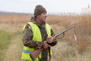 Hunters with a german drathaar and spaniel, pigeon hunting with dogs in reflective vests	