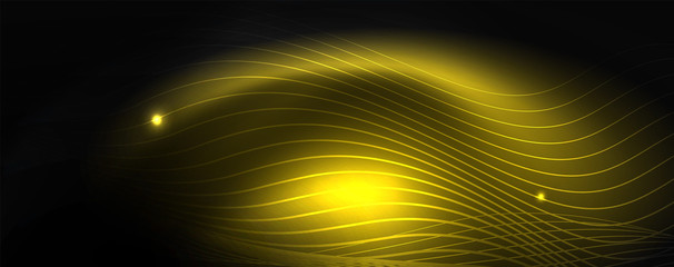 Smoky glowing waves in the dark. Dark abstract background with neon color light and wavy lines. Vector