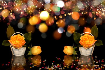  beautiful yellow roses with and green leaves in a beautiful white basket on a shiny background