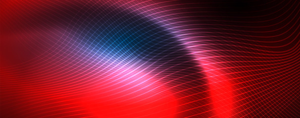 Smooth wave lines on blue neon color light background. Glowing abstract wave on dark, shiny motion, magic space light