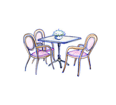 Watercolor pencils sketch. Cozy table for three. Illustration isolated on white