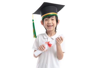 Asian child in graduation gowns holding a Certificate