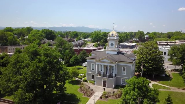 Aerial of Burke County Courthouse in Morganton North Carolina in 4K with Old Burke  County courthouse dominant in the shot