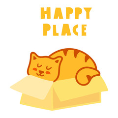 Happy place. Cute cat. Hand drawn vector lettering illustration for postcard, t shirt, print, stickers, wear, posters design.