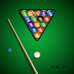 Billiard poster with cue and balls on the table