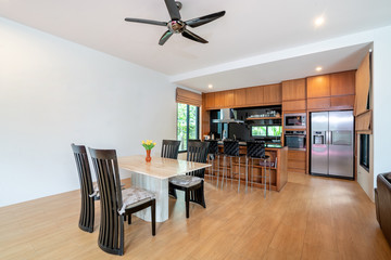 Luxury interior design in living room with open kitchen