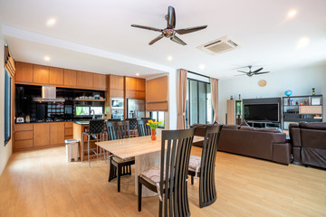 Luxury interior design in living room with open kitchen